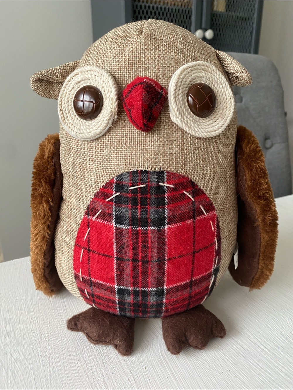 Christmas Plush Burlap Owl in Red Buffalo Plaid with Fur Wings, Holiday Winter